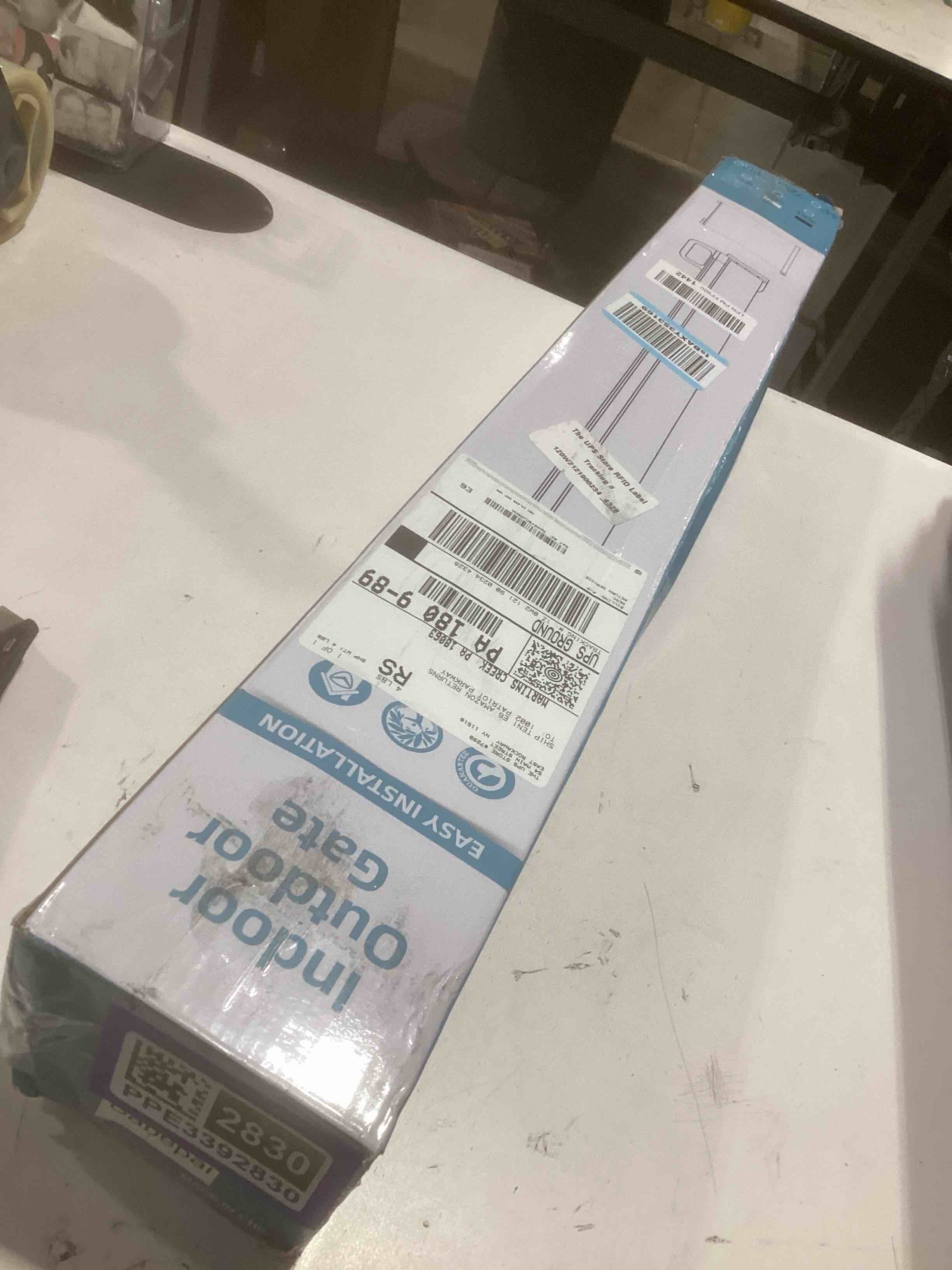 Condition photo showing Good Condition for Babepai Baby Gate for Stairs No Drill, Punch Free Retractable Baby Gates Extends to 72" Wide 34" Tall, Reractable Dog Gate for Doorways, Stair Gate for Outdoor, Indoor, Hallways, Deck, Porch B-white 34" Tall x 72" Wide-No Drilling