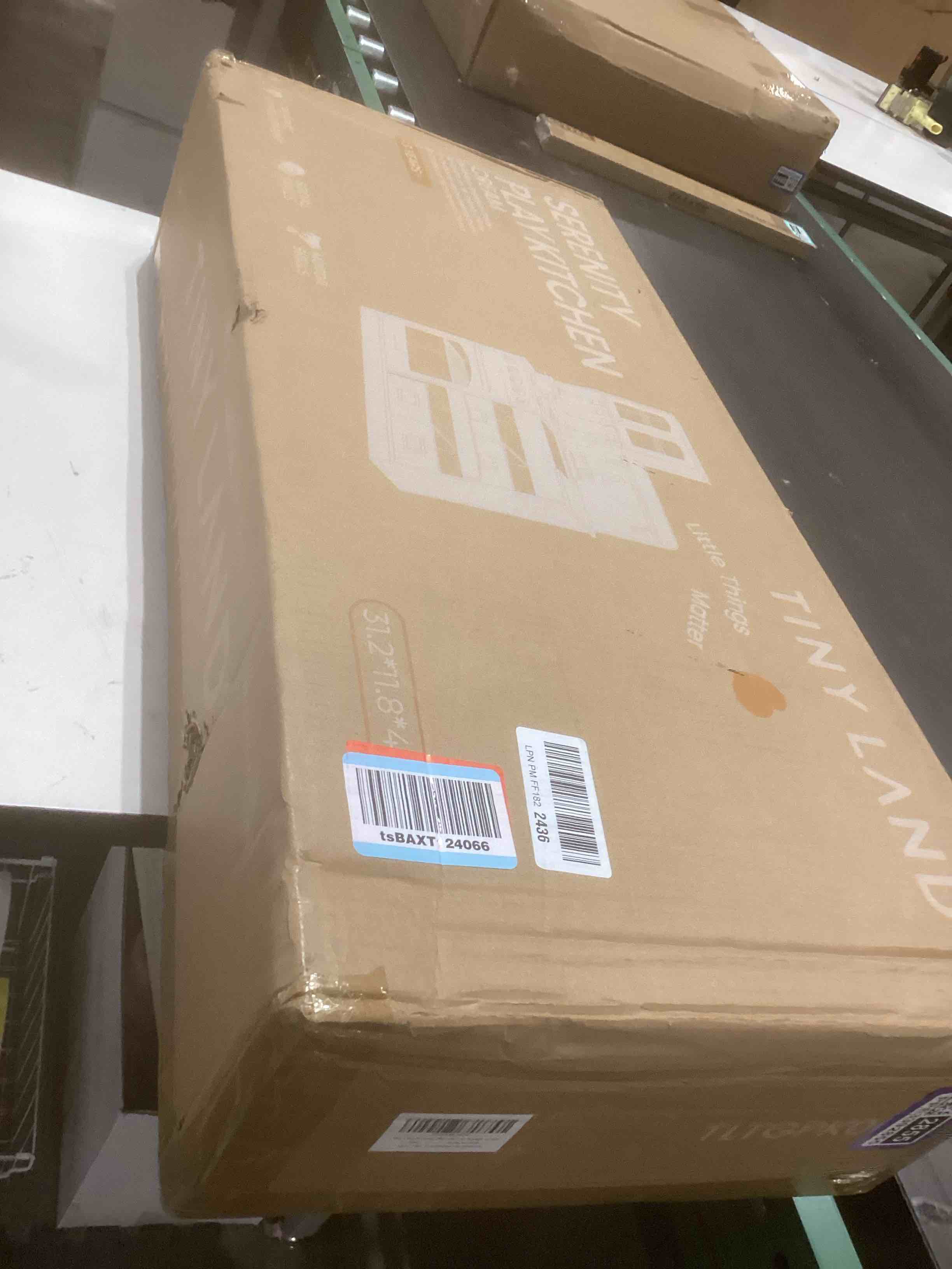 Condition photo showing Good Condition for Tiny Land Wooden Play Kitchen for Kids – Enhanced Storage with Cabinets & Bins, Modern Toddler Kitchen Playset with Stove, Sink & Accessories Cream