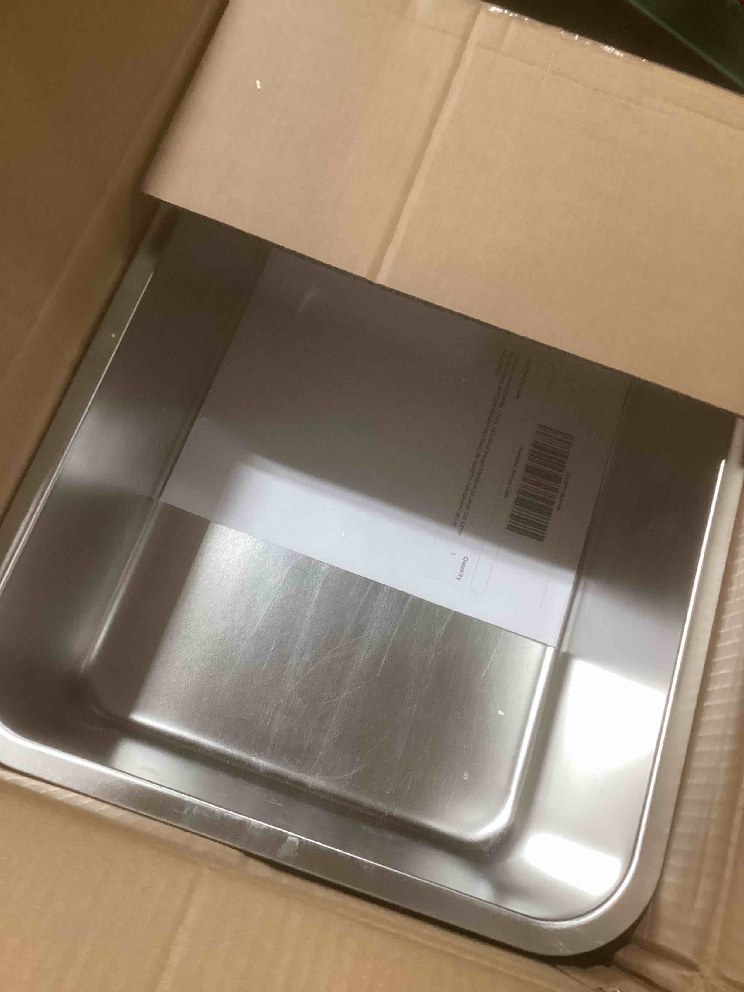 Condition photo showing As Is for Stainless Steel Litter Box 2 Pack, 18"x14"x6"(Height) Medium to Large Cat Litter Box Easy Clean, Non Stick Litters Boxes No Smell for Adult Cats or Kitty/Kitten 2 Pack-L(17.7"x13.8"x6")