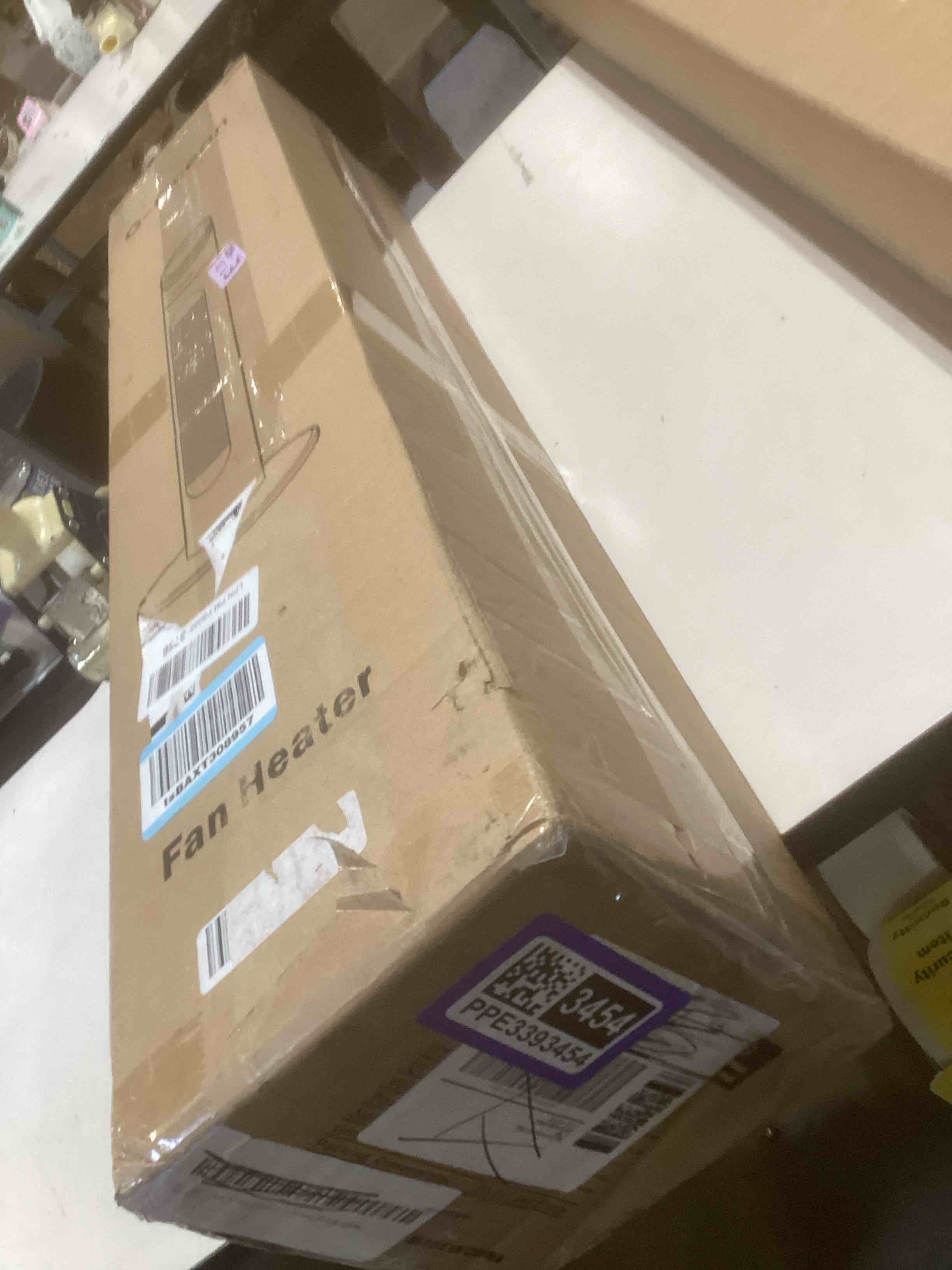 Condition photo showing As Is for Space Heater, 34" Space Heater for Large Room with Remote, 1500W Tower Heater with 12H Timer, 70° Oscillating, Adjustable Thermostat, Overheating & Tip-over Protection, Indoor Use, White