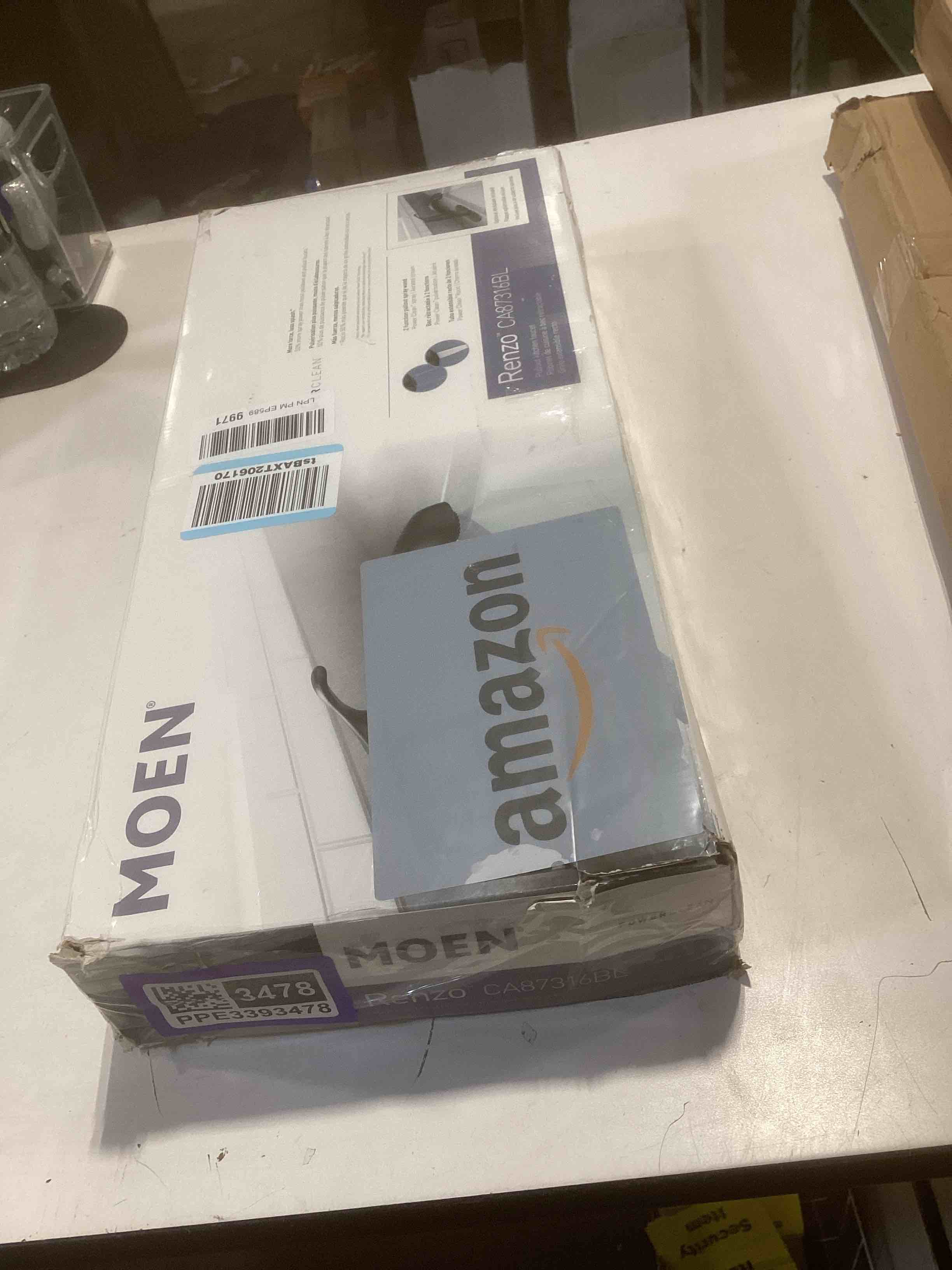 Condition photo showing As Is for Moen Renzo Matte Black One-Handle Pullout Kitchen or Laundry Faucet Featuring Power Clean, CA87316BL