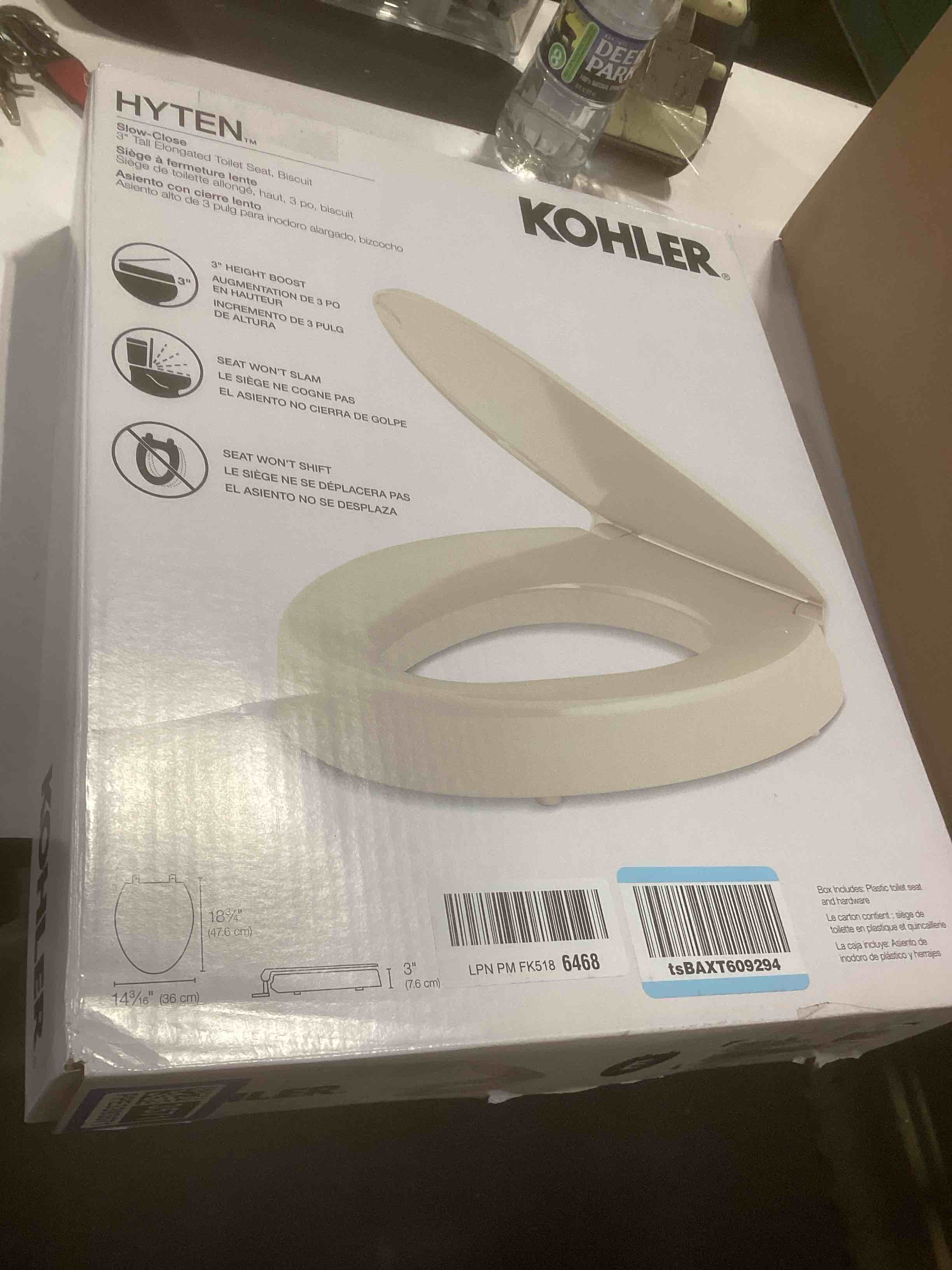 Condition photo showing Good Condition for KOHLER 25875-96 Hyten 3" Height, Elevated Soft Close Elongated Toilet Seat, Contoured Seat with Grip-Tight Bumpers, Quick-Attach Hardware, No Slam Toilet Seat, Biscuit Biscuit Elongated