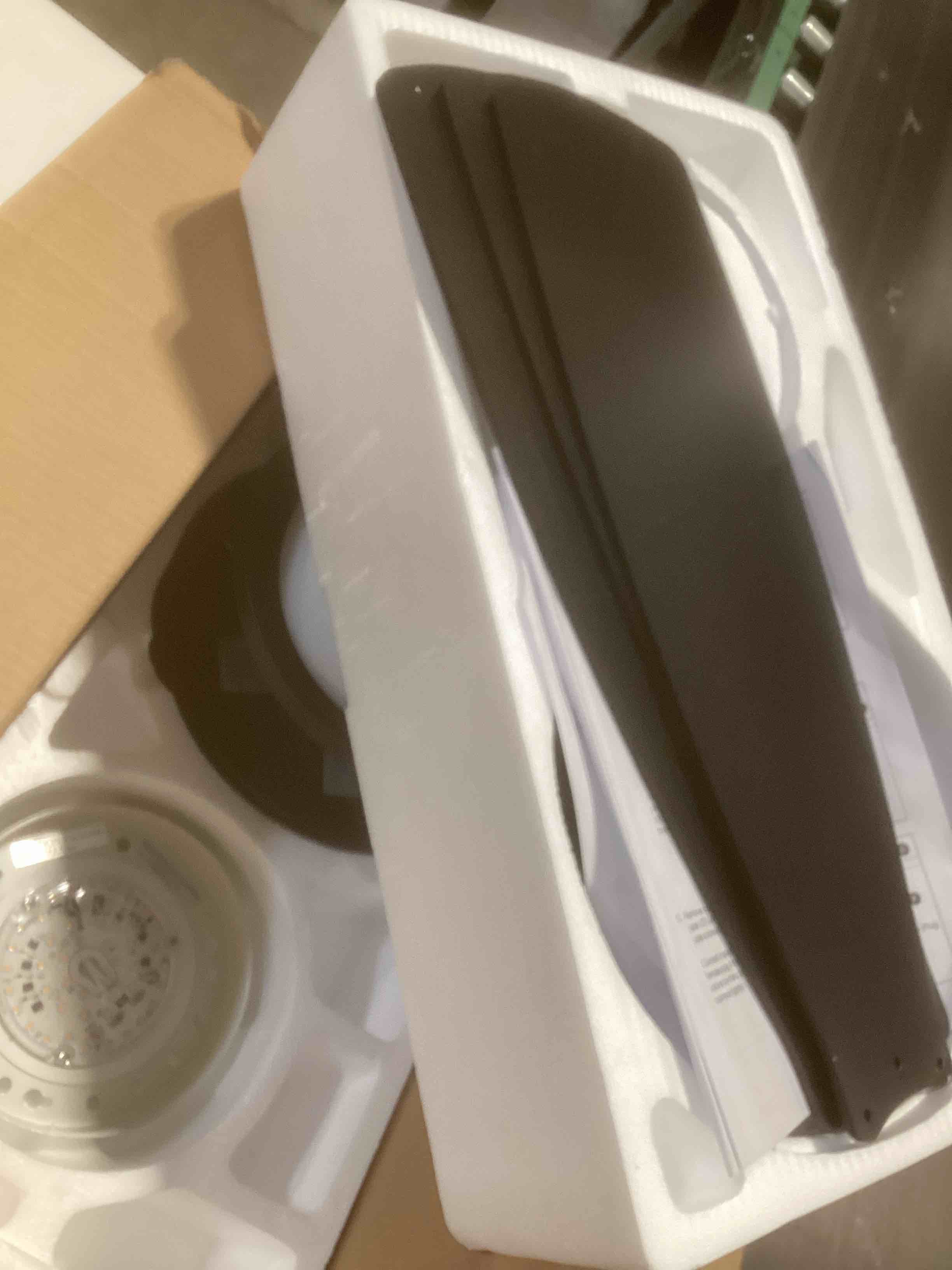 Condition photo showing As Is for Harbor Breeze Mazon 44-in Matte Black with Black/Driftwood Blades LED Flush Mount Ceiling