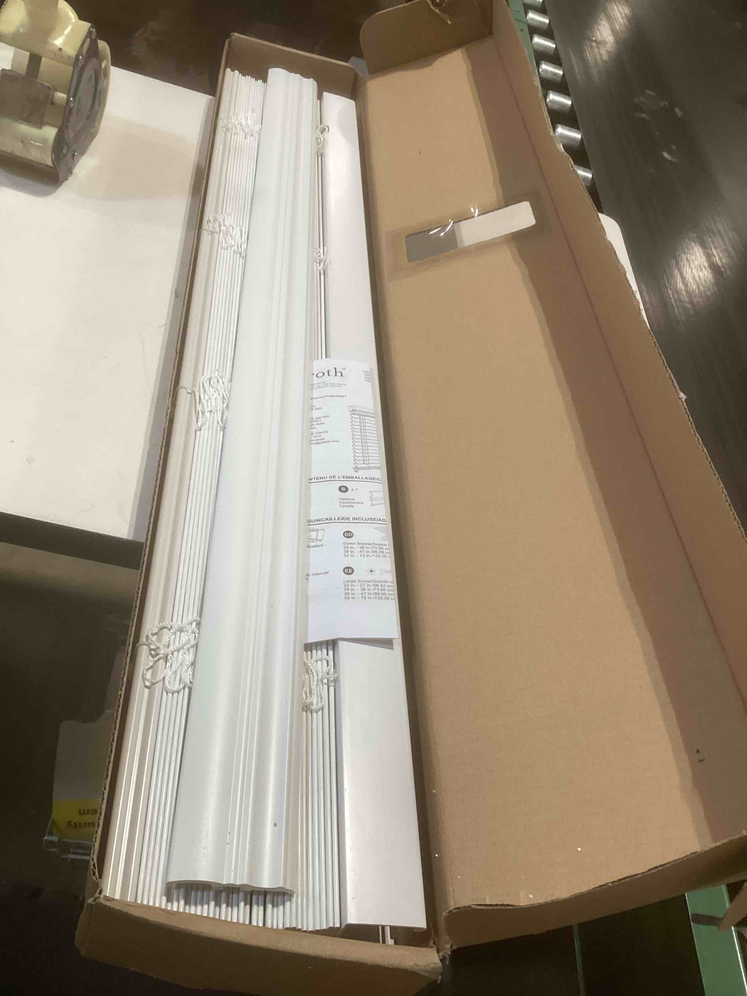 Condition photo showing As Is for allen + roth Trim at Home 2-in Slat Width 39-in x 64-in Cordless White Faux Wood Room