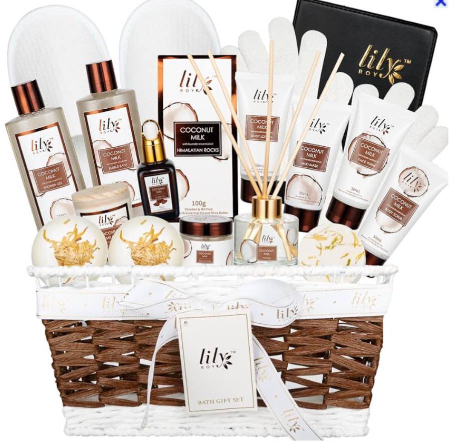 Fathers Day Gifts for Men for Dad Bath and Body Gift Basket For Women & Men Spa Gift Basket Coconut Almond 16 Pcs Bath Gift Set With Fragrant Lotion, Home Spa Luxurious Bath Body Oil, Diffuser & More