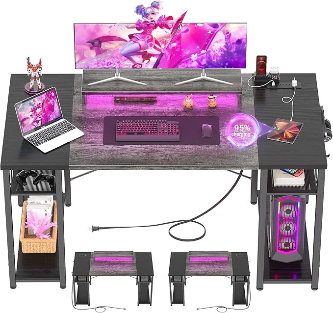 Armocity Computer Desk with LED Lights, 55-inch Desk with Power Outlet and USB, Large Reversible Desk with Mobile Monitor Stand, 55.2 Gaming PC Table