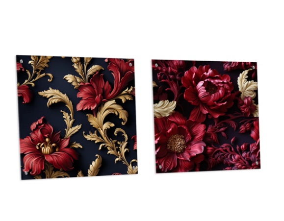 Royal Red And Gold Peony Garden Grace - Abstract Acrylic Wall Art Glass Set Of 2