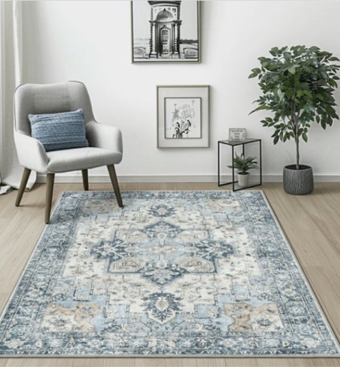 KUETH Modern 9x12 Area Rugs for Living Room, Non Slip Machine Washable Retro Rugs, Low Pile Chenille Print Rug for Bedroom, Dining Room, Home Office, Blue