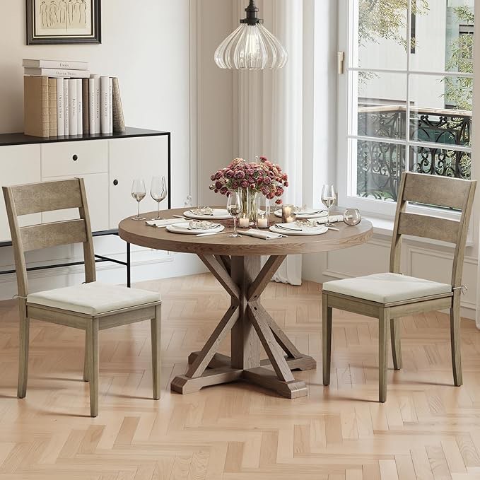 COLAMY Upholstered Wood Dining Chairs Set of 2, Modern Farmhouse Dining Room Chair, Kitchen Chairs with Ladder Back and Memory Foam Cushion, Light Brown