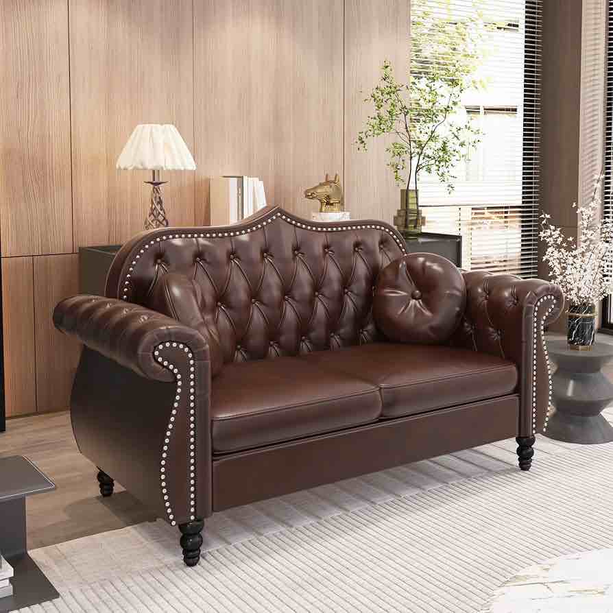 Chesterfield Loveseat Sofa, Upholstered Sofa Modern Sofa Couches Set Style Button Tufted, PU Chesterfield Sofa for Living Room Apartment, PU Brown