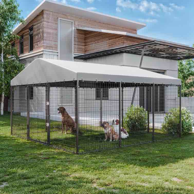 Outdoor Metal Dog Kennel With UV-Resistant Roof Foldable Panels And Secure Frame 7.5X5cm Mesh Black B Box