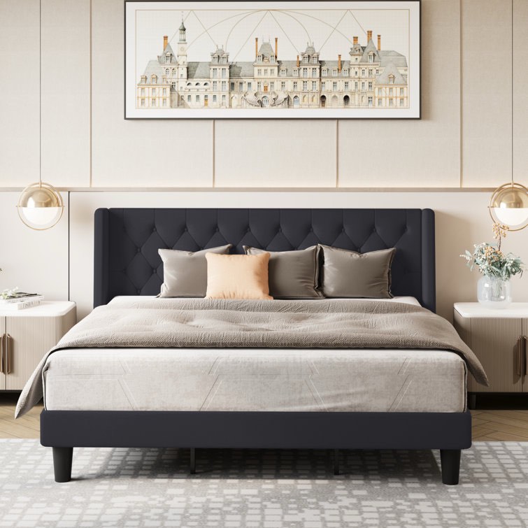 Black Hilbert Upholstered Low Profile Platform Bed Frame with Headboard king 