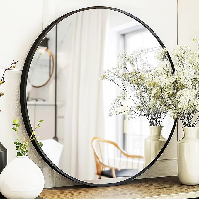 YSSOA 24" Round Wall Mirror, Large Round Mirror, Rustic Accent Mirror for Bathroom, Entry, Dining Room & Living Room Metal Black Round Mirror for Wall, Vanity Mirror Large Circle Wall Mirror