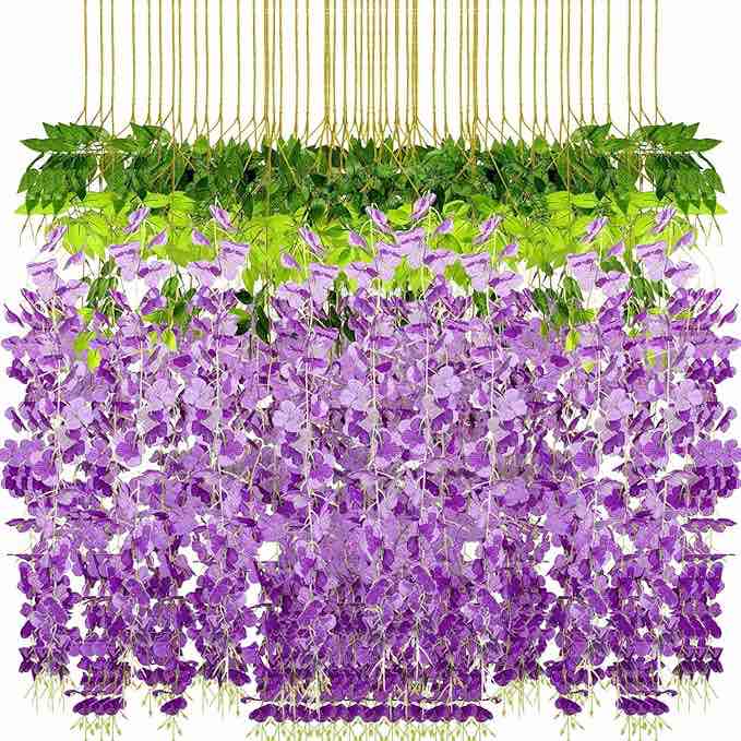 108 Pack 43.2 in/ 3.6 ft Artificial Fake Wisteria Hanging Flowers Wisteria Faux Flowers Garland Silk Vine Rattan Long Hanging Flowers String for Home Outdoor Wedding Party(Milky)