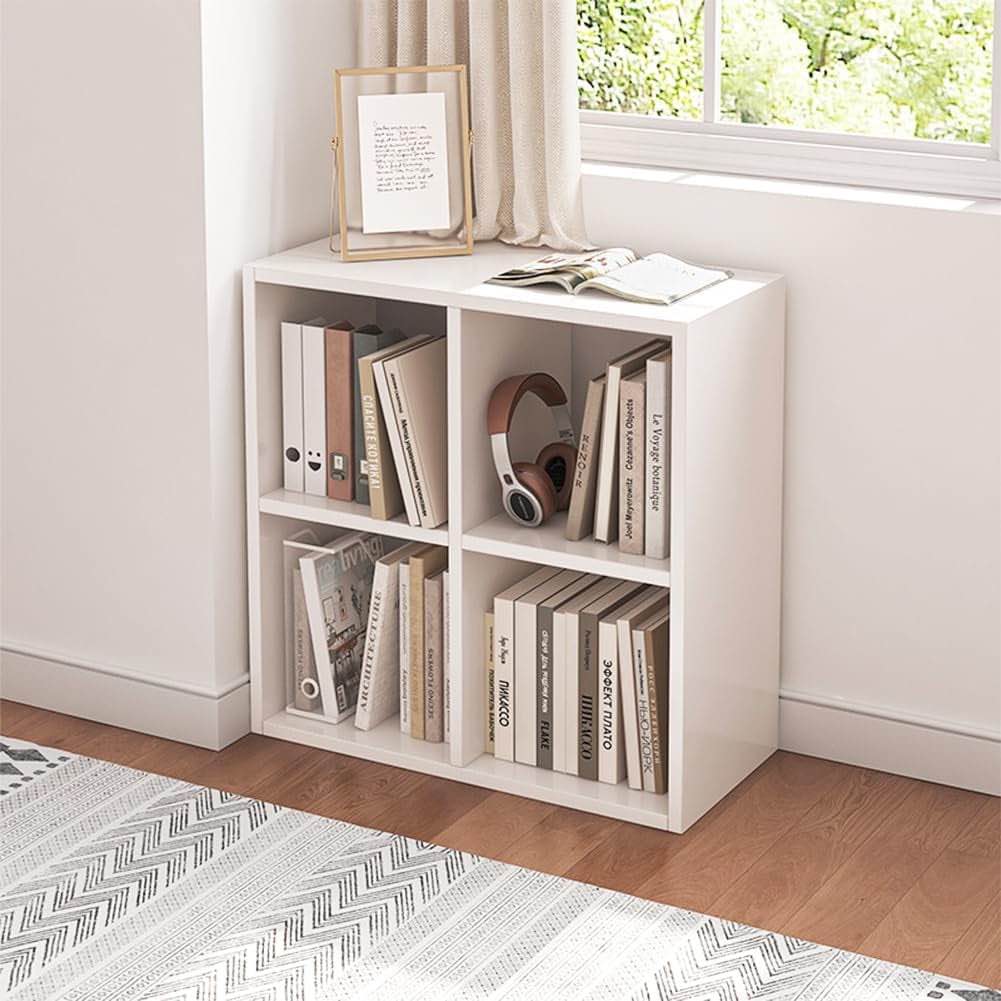 4 cube organizer bookcase - fabric storage bins container, open shelf simple compartments bookshelf, white