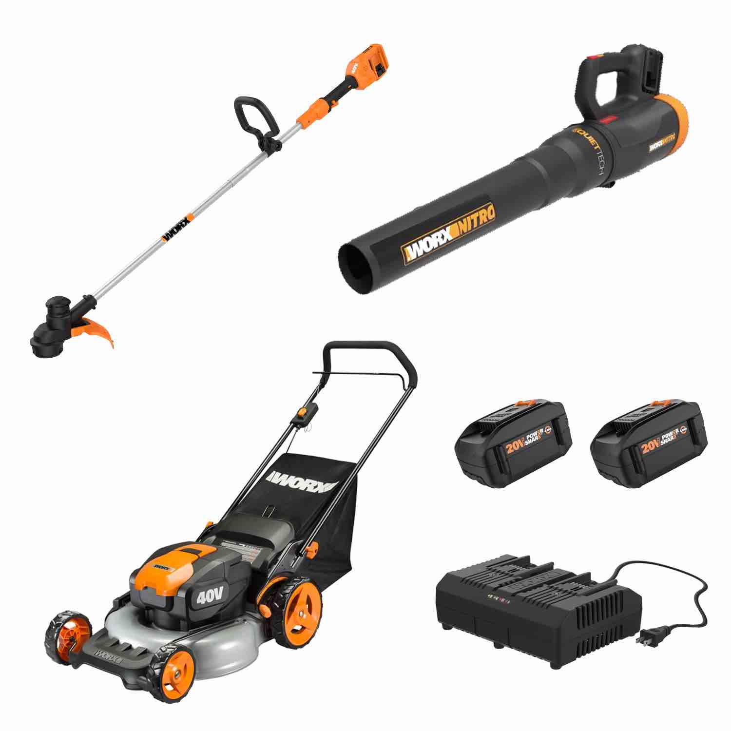 worx 40v combo, includes 20" push mower, 13" string trimmer, quiet tech blower