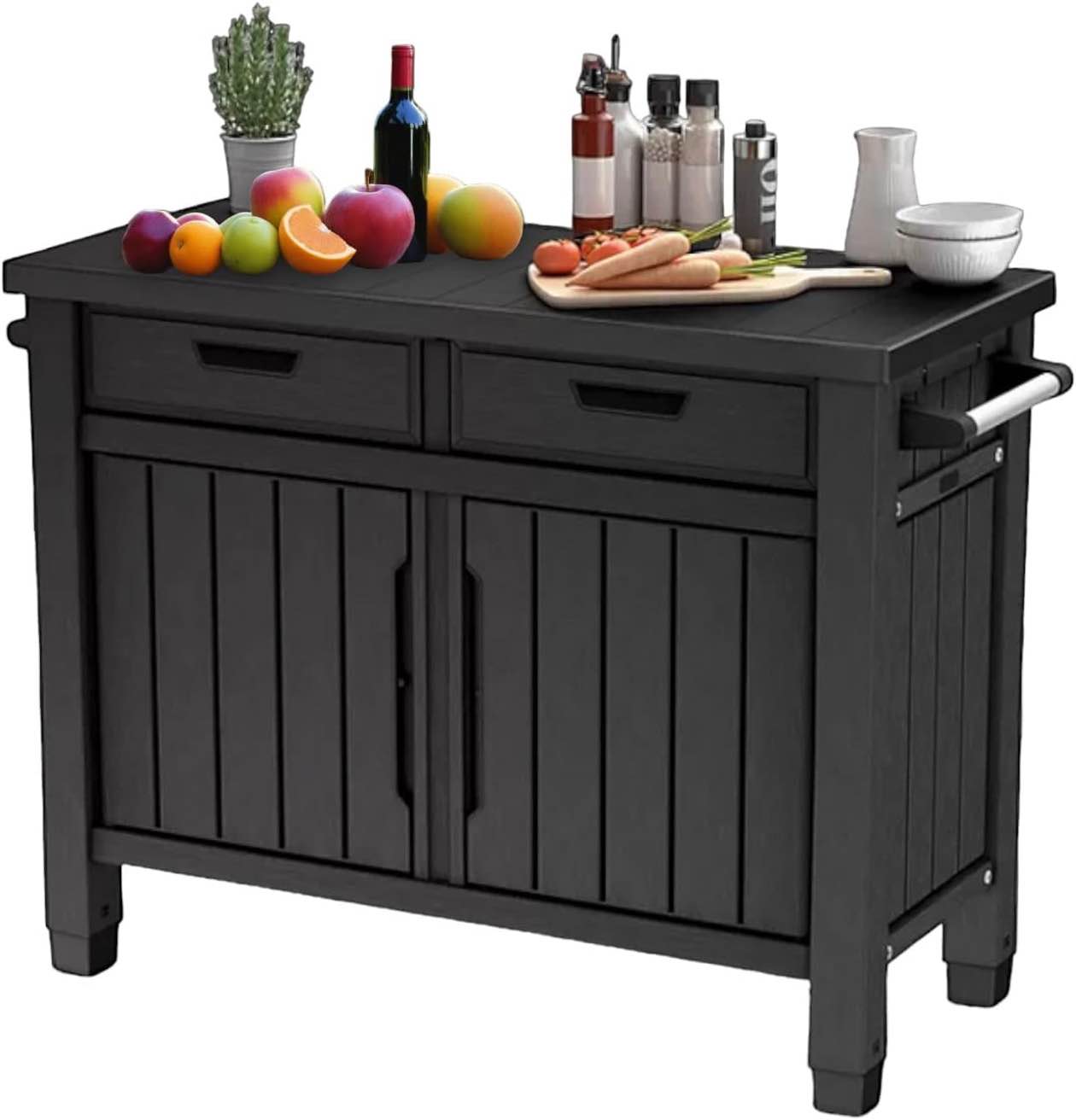 Outdoor grill table, buffet, entertainment, and storage cabinet with drawers in graphite gray is a versatile and stylish addition to any outdoor space., X-Large