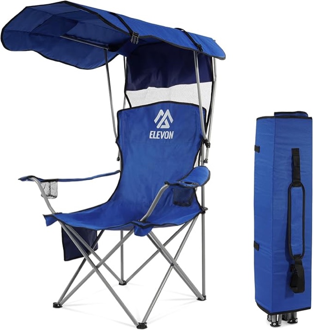 Camping Chair, Oversized Folding Chair with Canopy, Portable Outdoor Chair with Arms, Cup Holder and Carry Bag for Camping, Fishing, Beach, and Sports, Pearl Blue