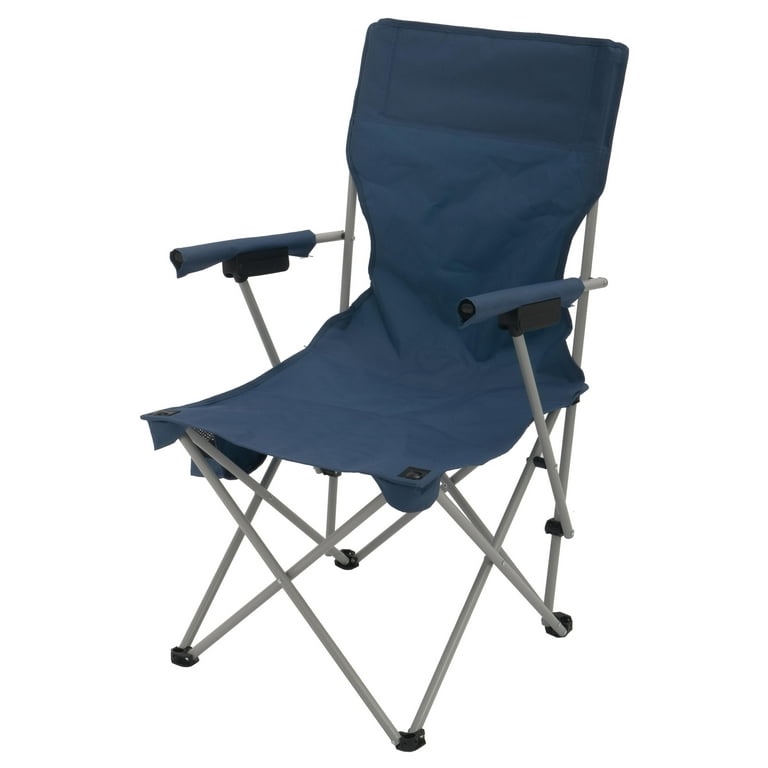 ozark trail hard arm chair, durable polyester seat, strong steel frame, portable with cup holder