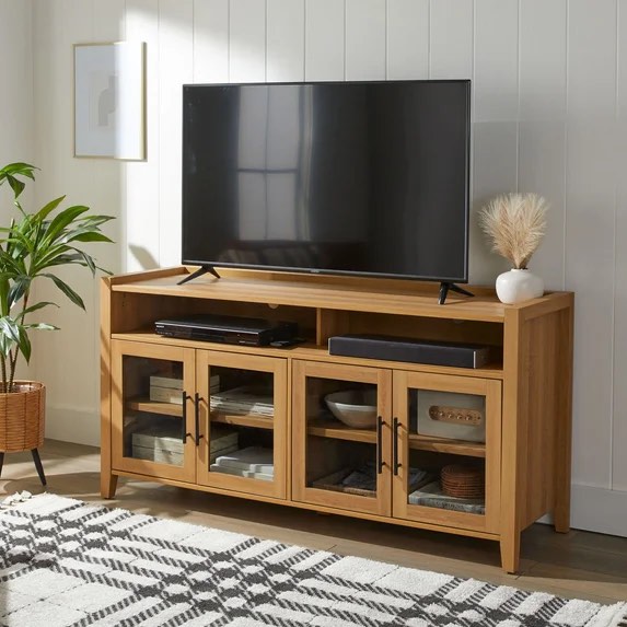 better homes & gardens reading refined farmhouse tv stand for tvs up to 65", light honey finish