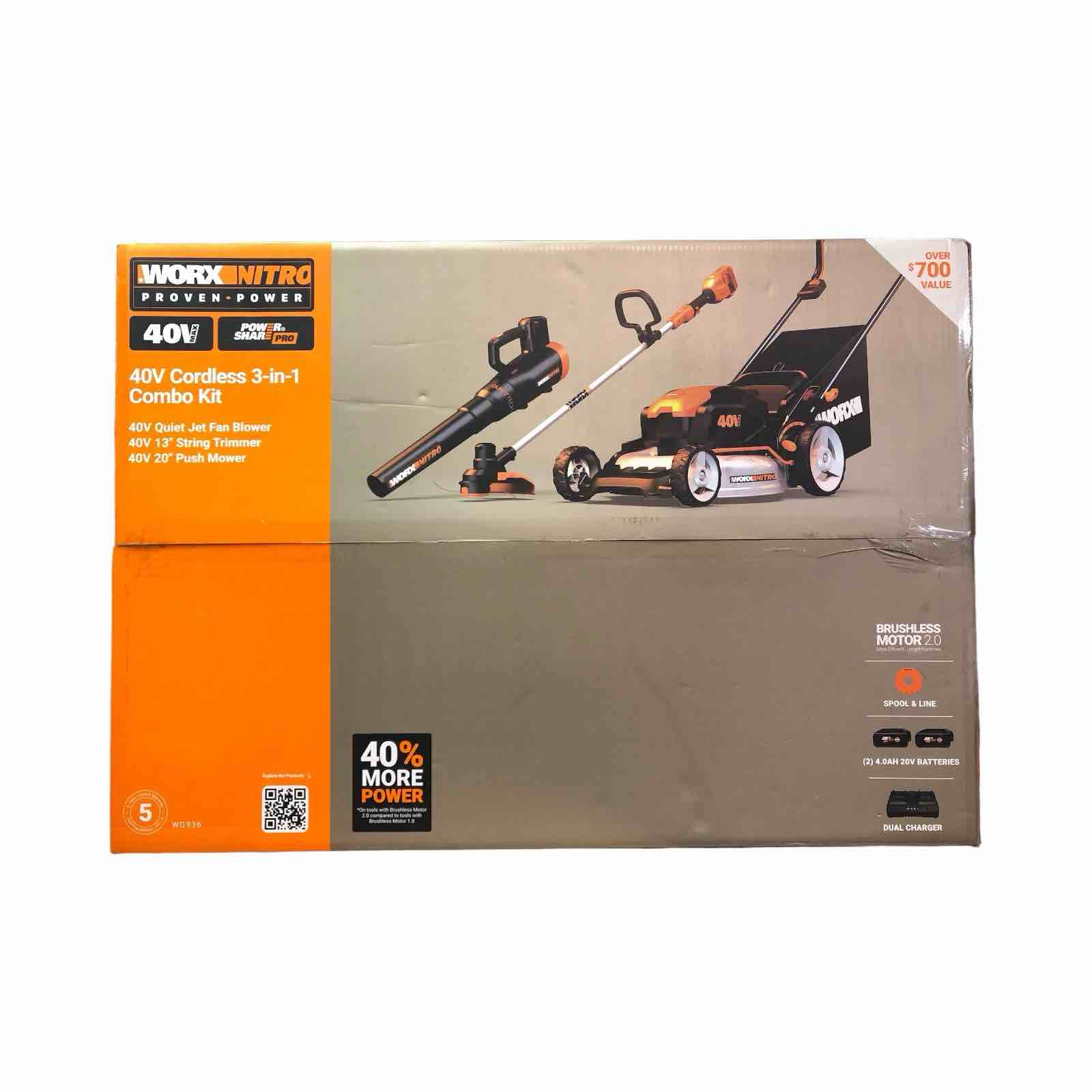 worx nitro 40v cordless 3-in-1 combo kit - blower, 13" trimmer, 20" push mower