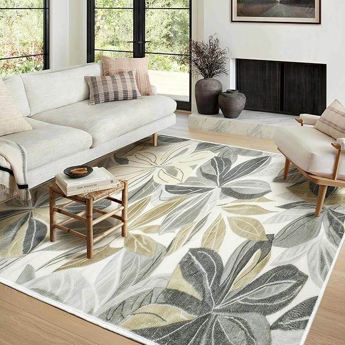7’10x10’Area Rug for Living Room Flower Washable Rugs Non-Slip Low Pile Soft Carpet, Large Rug for Living Room, Bedroom, Dining Room