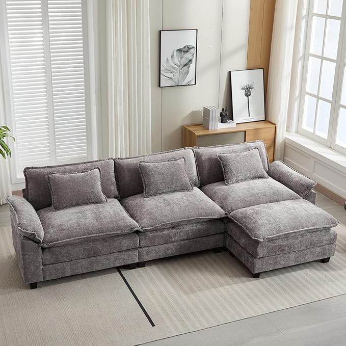 120" Modular Sectional Sofa, Comfy Cloud Couch Sectional Sofa with Ottoman, Chenille Sofa Sleeper Deep Seat Sofa with Throw Pillows for Living Room (Light Gray, 120"- L Shape) armless center
