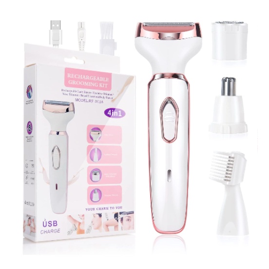 ACWOO LadyShave Wireless 4-in-1 Electric Shaver for Women, Rechargeable, Painless, Wet & Dry, Face, Legs, Armpit, Bikini, Nose, Eyebrow, Modern Elegant, White, Gold