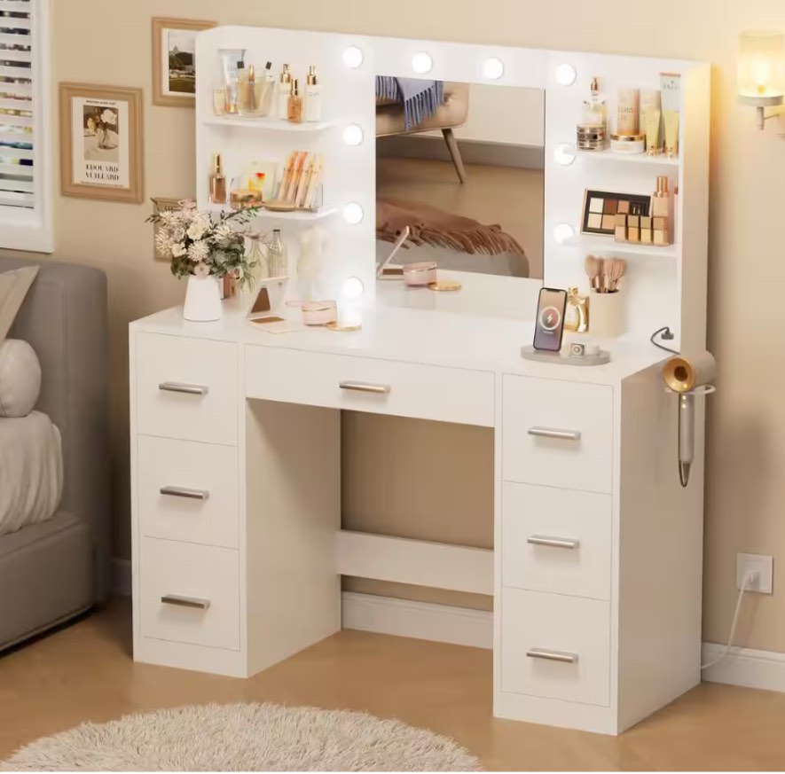 (incomplete)) Makeup Vanity With Lights in 3-Colors, Vanity Desk with Large Mirror, Drawers and Shelves, White