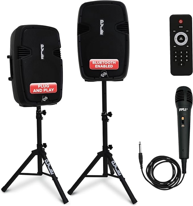 Pyle Wireless Portable PA System Kit - 1800W Peak, Bluetooth Compatible, Active + Passive Pair For Indoor / Outdoor Sound, Multiple Inputs-USB SD AUX XLR RCA, Comes With 2 Stands, Wired Mic, Remot