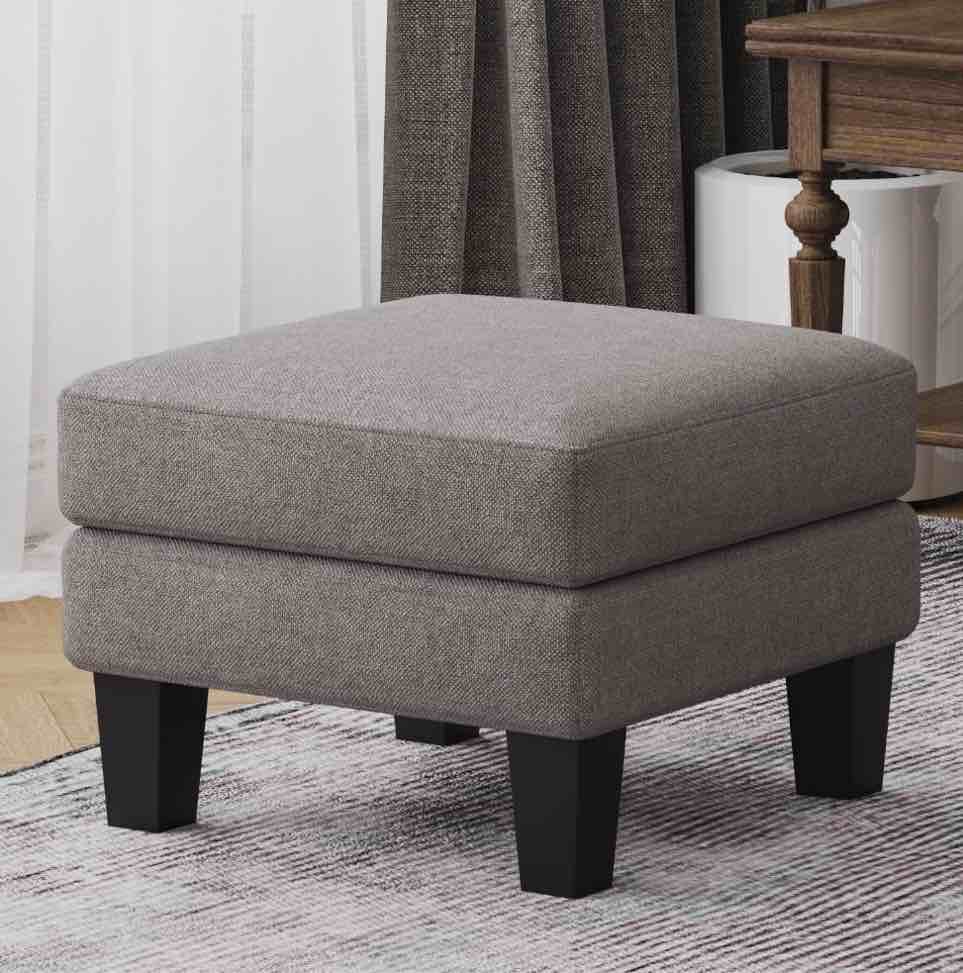 Lisonu Fabric Ottoman Light Grey - Square Storage Footrest Stool with Coil Spring Cushion & Solid Wood Legs for Living Room, Entryway, Bedroom