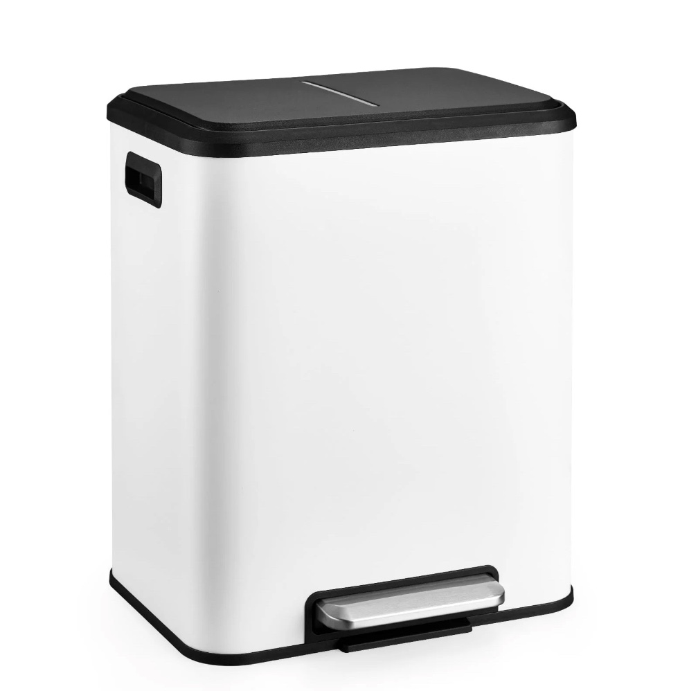 Dual Trash Can for Recycling and Trash, 2 x 15 L (30 L) Stainless Steel Kitchen Trash Can with Lid and Foot Pedal, Double Compartment Garbage Can, Trash Can with Recycling Bin