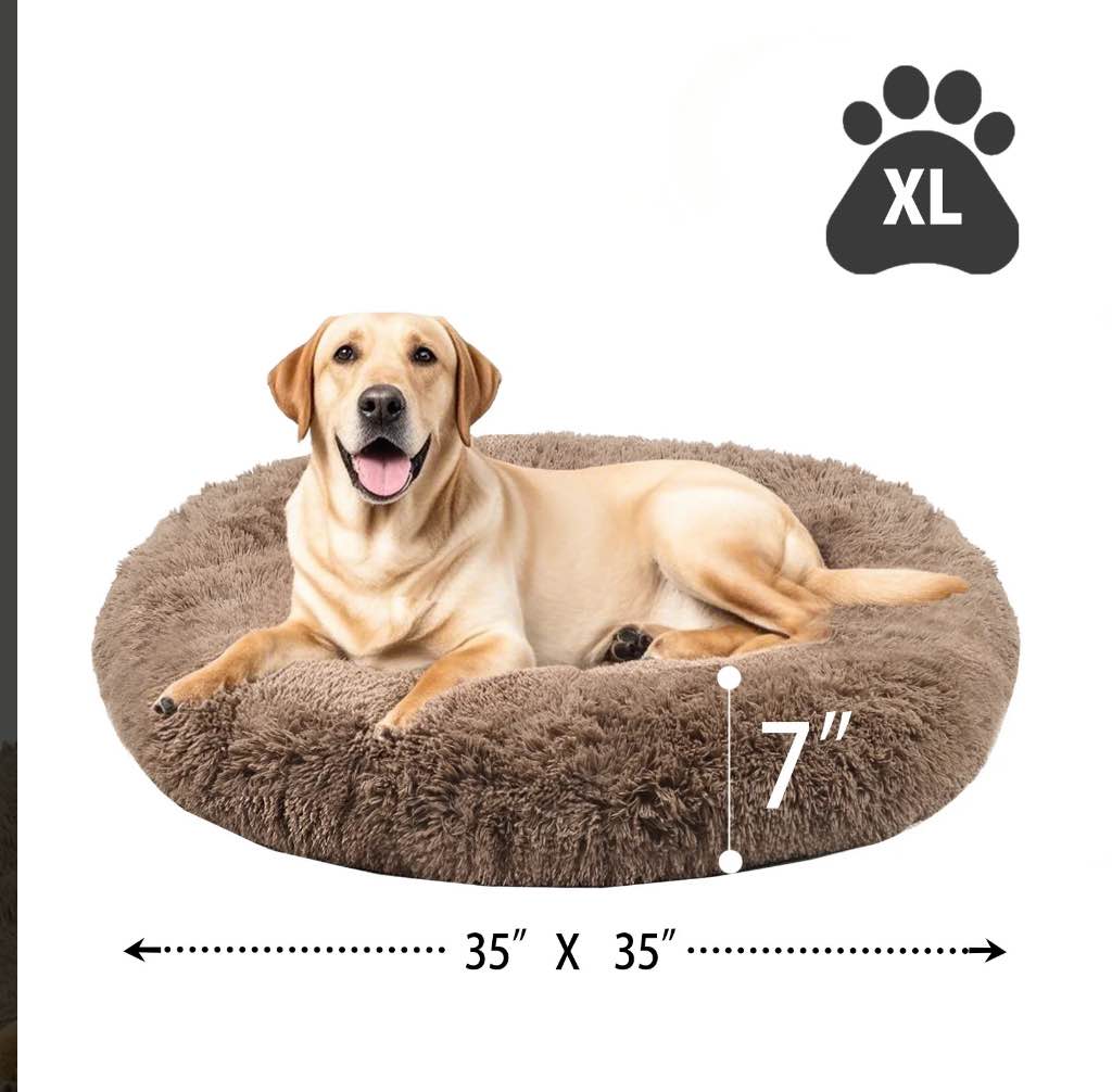 Katieovy Dog Bed for Large Dogs,Fluffy Calming Donut Dog Beds,35 inch Washable Plush Round Dog Mat with Non-Slip Bottom,Khaki