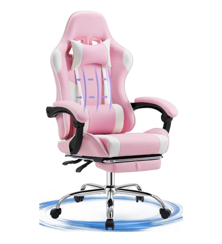 JONPONY Big and Tall Gaming Chair, Ergonomic Design, Gamer Chair PU Leather with Footrest and Lumbar Support, High Back Office Chair Support 8 Hours Long Sitting, Computer Chair,Pink White