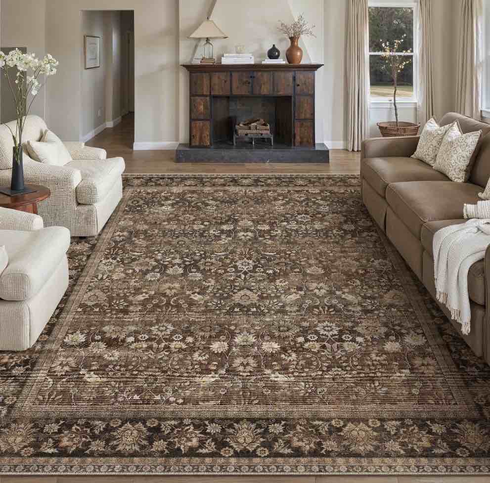 BERTHMEER 10’x14' Large Vintage Floral Area Rugs for Living Room Bedroom Office Dining Room Farmhouse Oriental Rugs Non Slip Traditional Rugs Carpets, Brown