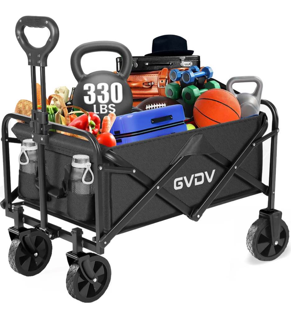 GVDV Collapsible Wagon Cart, Portable Utility Wagon for Camping, Beach, Picnic, Shopping, Sports, and Grocery Transport, Black