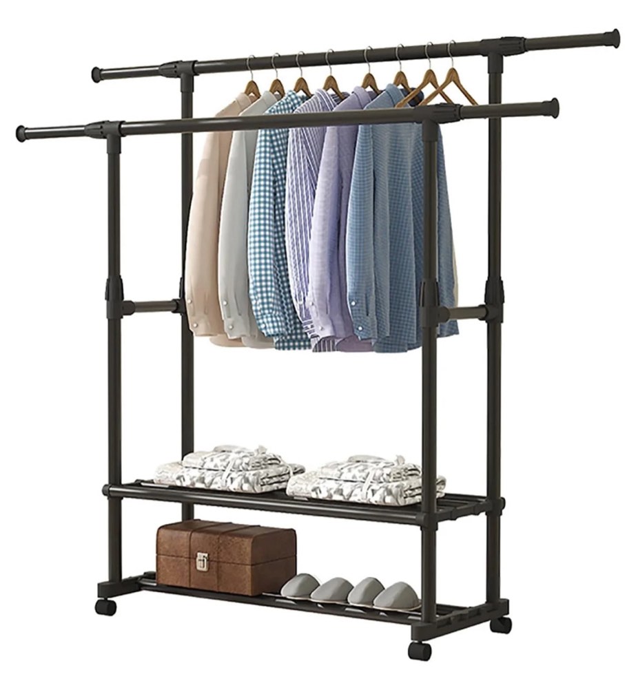SUSUZI Portable Clothing Garment Rack,  Adjustable Double Rails Clothes Rack with 4 Wheels Rolling Clothes Organizer, Black