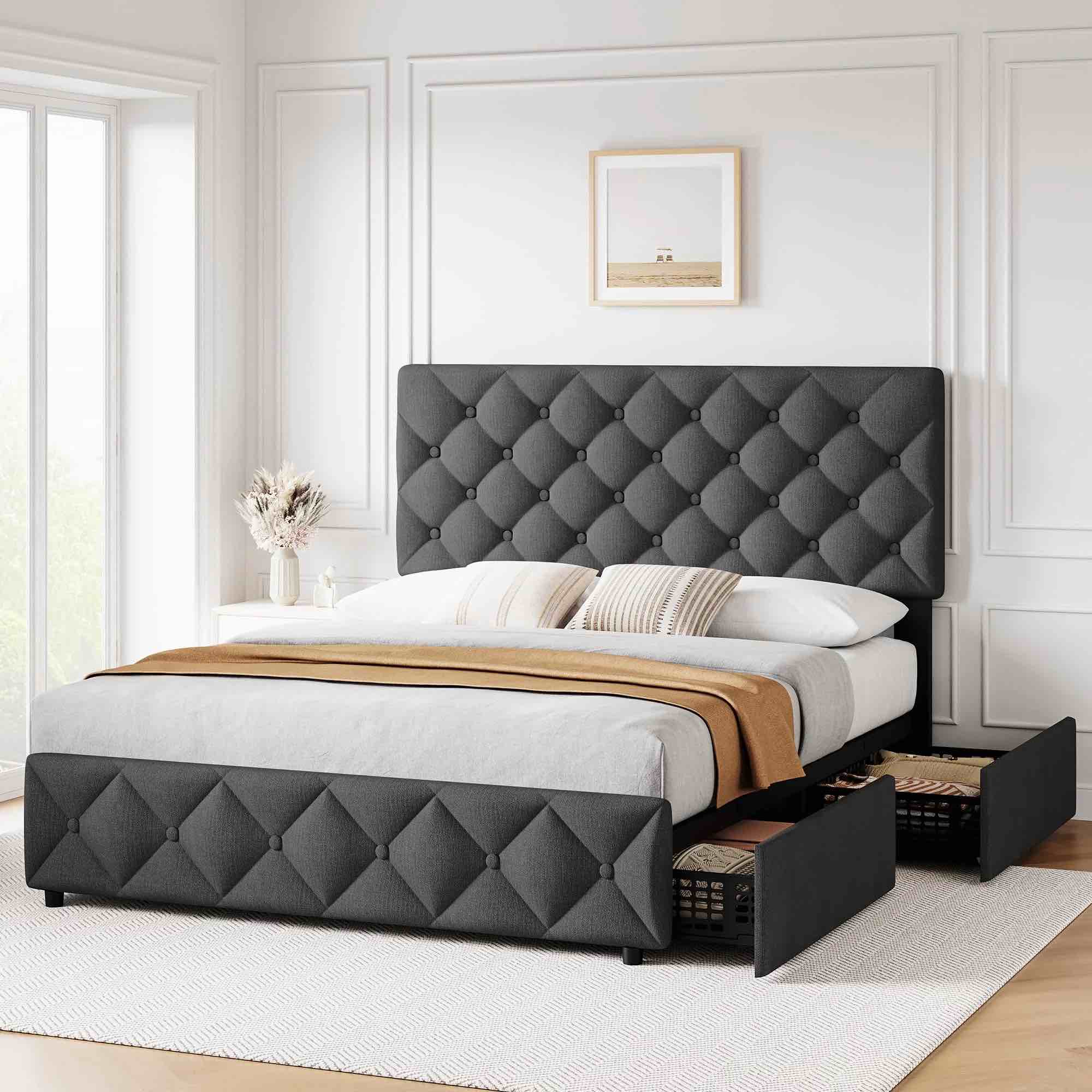 Bed Frame  Dark gray Queen with storage on both sides. head board is tufted and  diamond design on headboard 