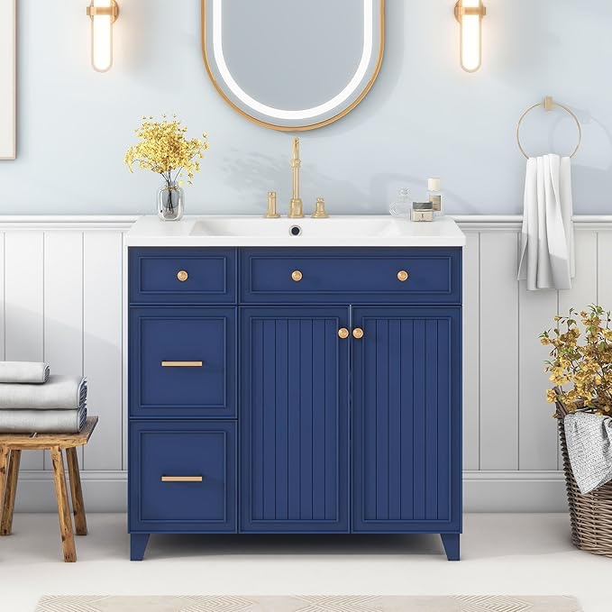 ( incomplete 2 of 2 only) 36-inch Bathroom Vanity, Transitional Style Bathroom Cabinet with Resin Sink, Navy Blue Single Bathroom Cabinet, with 2 Drawers and 1 Adjustable Storage Shelf, 2 Soft-close Doors