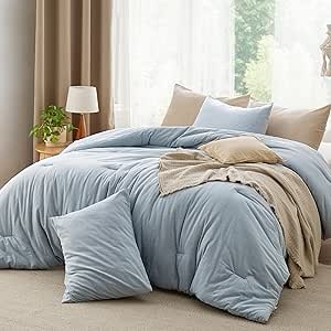 Bedsure Comforter Set Queen Size - Cotton Fabric with Microfiber Inner Fill, Mineral Blue Soft Bed Set for All Seasons, 3 Pieces, 1 Comforter (90" x 90") and 2 Pillow Cases (20" x 26")