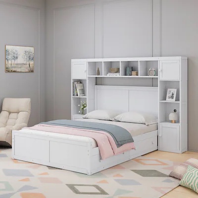 ( incomplete 1 of 2 only) Wood Bed with 4 Drawers and All-in-One Cabinet and Shelf