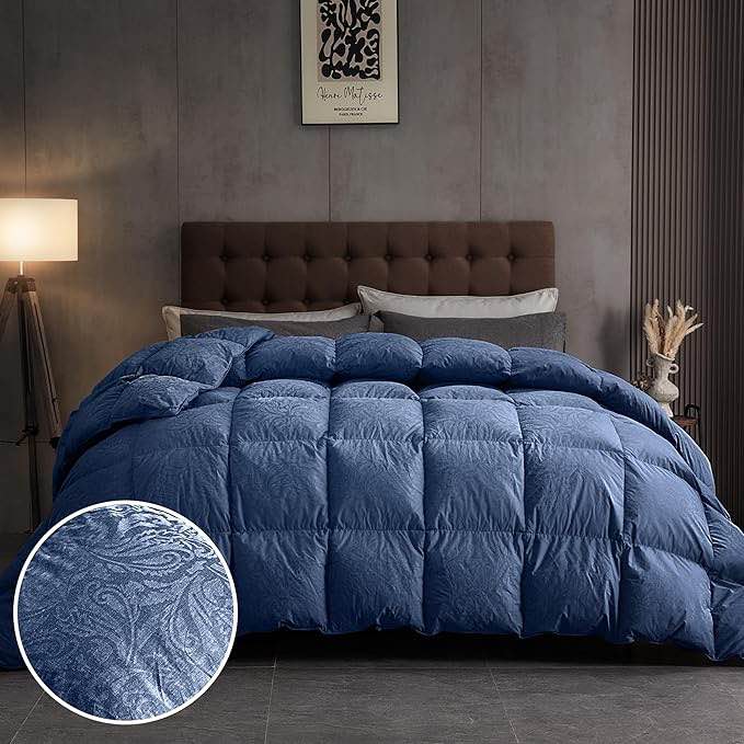 All Season Goose Feather Fiber Comforter. Navy blue paisley Twin