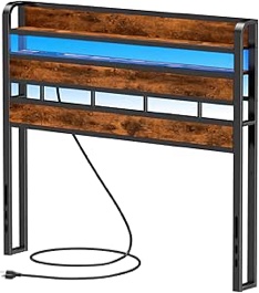Furnulem Full Size Headboard Only with 2 Tier Wood Storage Shelf,Head Board Full with LED Light and Charging Station,USB Port for Bedroom,Dorm,College,Height Adjustable and Sturdy Frame