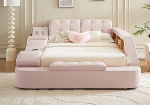 ( incomplete  5 of 6 only) Luxury Multifunction Queen Size Bed Frame, Modern Smart Platform Bed with Massage Recliner/Music Speaker/USB Port/Storage Drawers/Adjustable Headboard, No Box Spring Needed, Pink