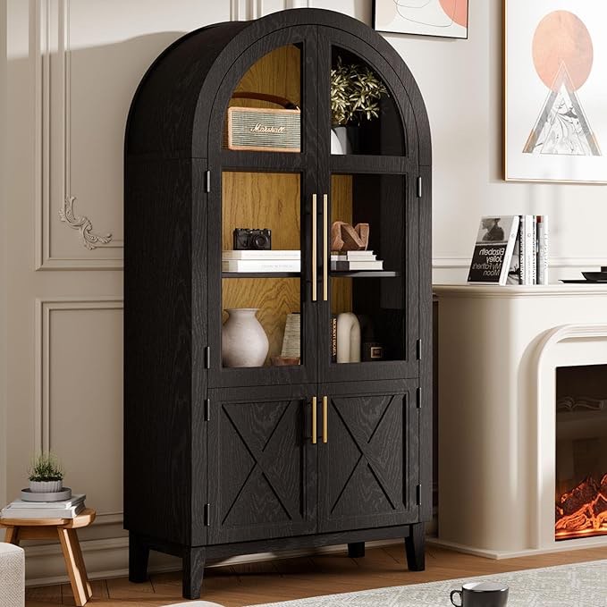 Modern Glass Arched Cabinet, 74'' Tall 5-Tier Arched Bookcase with Storage Door & Wood Frame for Living Room, Dining Room & Kitchen