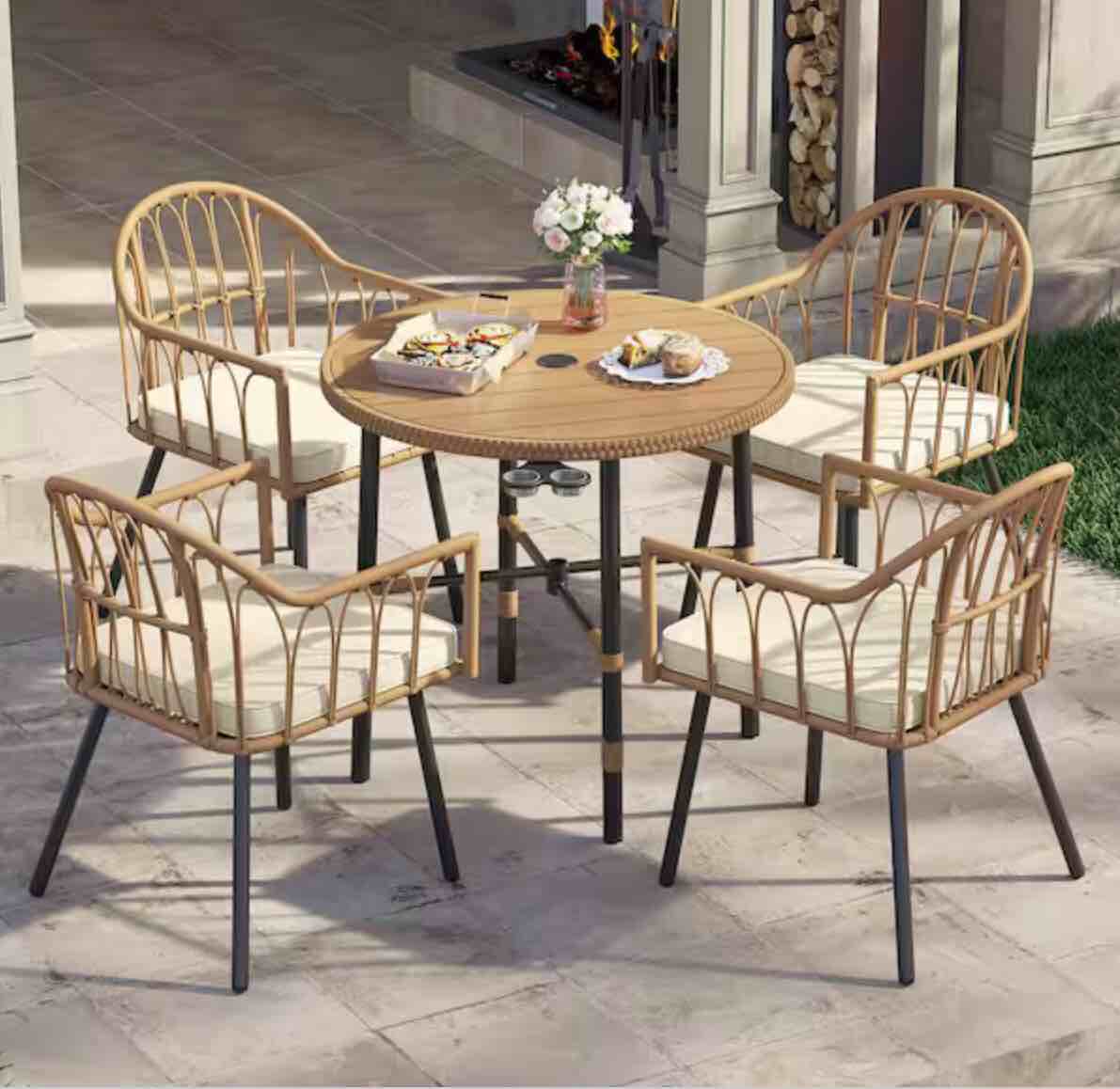 incomplete,only 1 box ) 5-Piece Outdoor PE Rattan Dining Set – Round Table with Umbrella Hole & 4 Wicker Chairs