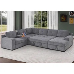 incomplete only 1 box, U-Shaped Sectional Sofa Bed Pull Out Sleeper Couch With Storage Chaise