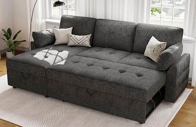  incomplete box 1/2 )Pull Out Sofa Bed, Modern Tufted Convertible Sleeper Sofa,  L Shaped Sofa Couch with Storage Chaise, Chenille Sectional Couch Bed for Living Room (Dark Grey)