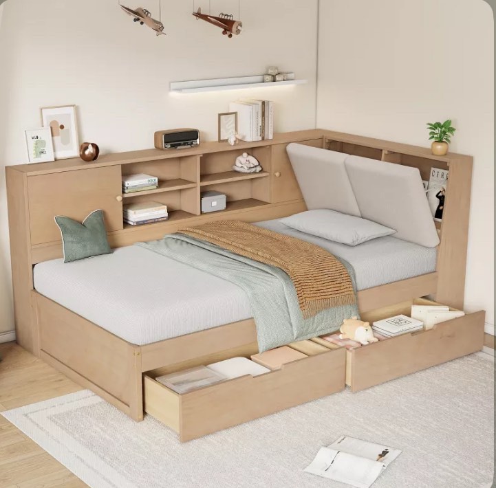 Twin/Full Size L-shaped Daybed Corner Bed with Drawers, Storage Bookcase, Upholstered Headboard, Power Outlets and USB Port-ModernLuxe