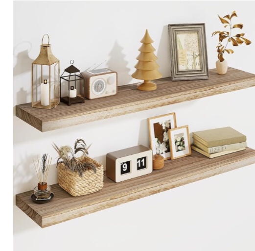 ( color natural) BAOBAB WORKSHOP Wood Floating Shelves for Bathroom Wall - Solid Wood Shelf 36 inch - Long Floating Shelves for Wall for Bedroom Kitchen Living Room - Black Shelves - 36 x 6.7 Inch, Set of 2 color natural